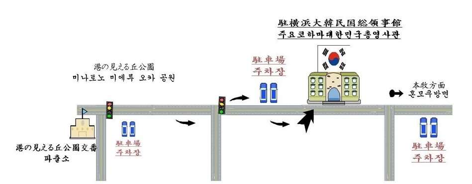 왼쪽부터 파출소에서 정면에는 북쪽에는 미나토노 미에루 오카공원이 위치하며, 우측에 위치한 주차장을 기준으로 오른쪽으로 돌아 직진하고 신호등을 건너서 주차장의 우측에 위치한 주 요코하마대한민국총영사관으로 향하는 약도입니다. 그밖에 영사관을 기준으로 우측에는 혼모쿠방면이며, 아래에 주차장이 있습니다.